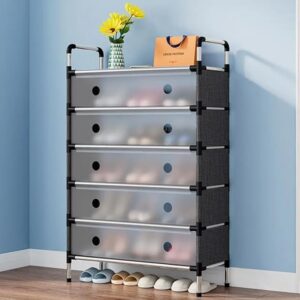 6-Layer Shoe Rack with Transparent Cover, Freestanding Storage Organiser 63 × 28 × 110cm – Black