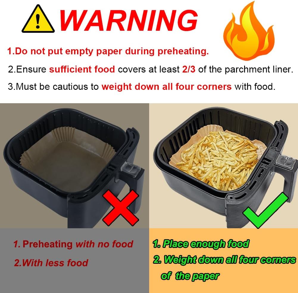 BYKITCHEN Air Fryer Parchment Paper Liners, 50PCS Square Disposable Greaseproof Liners – Unbleached - Image 4
