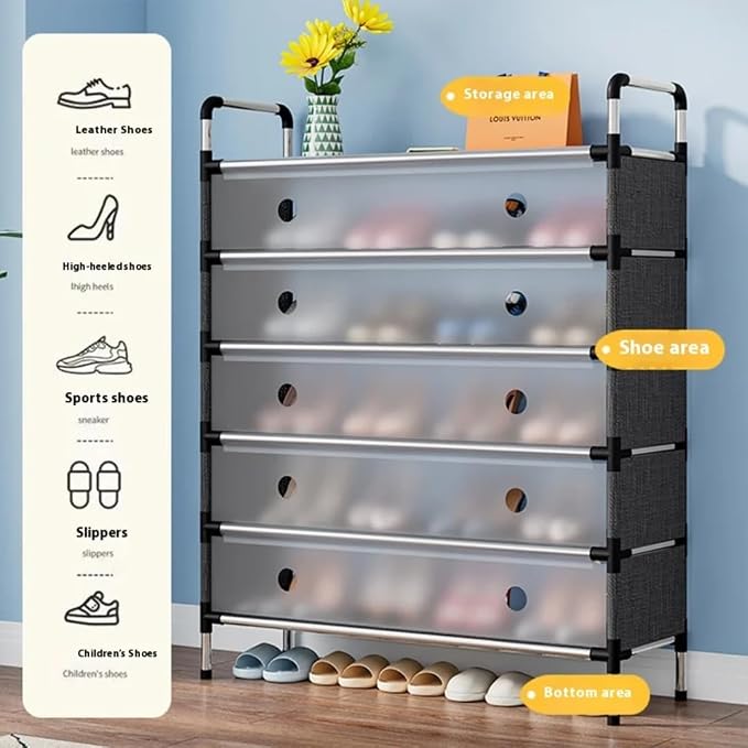 6-Layer Shoe Rack with Transparent Cover, Freestanding Storage Organiser 63 × 28 × 110cm – Black - Image 2