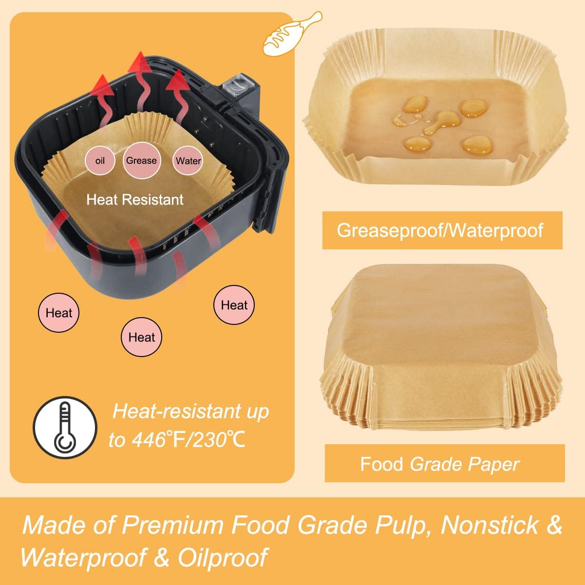 BYKITCHEN Air Fryer Parchment Paper Liners, 50PCS Square Disposable Greaseproof Liners – Unbleached - Image 6