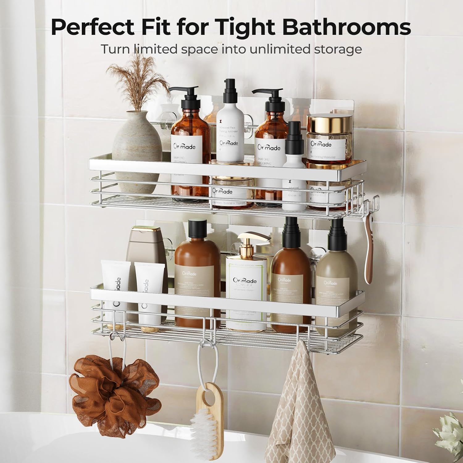 2-Pack Stainless Steel Shower Caddy with 5 Hooks – Adhesive Wall Mounted Bathroom Organizer - Image 2
