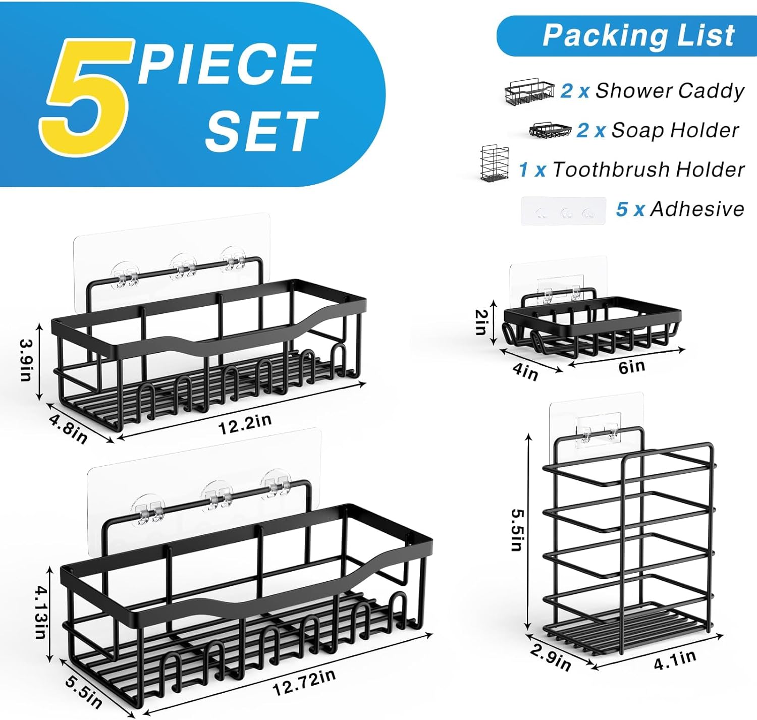 Rustproof Stainless Steel 5-Pack Shower Caddy Bathroom Storage Organizer Set – Black