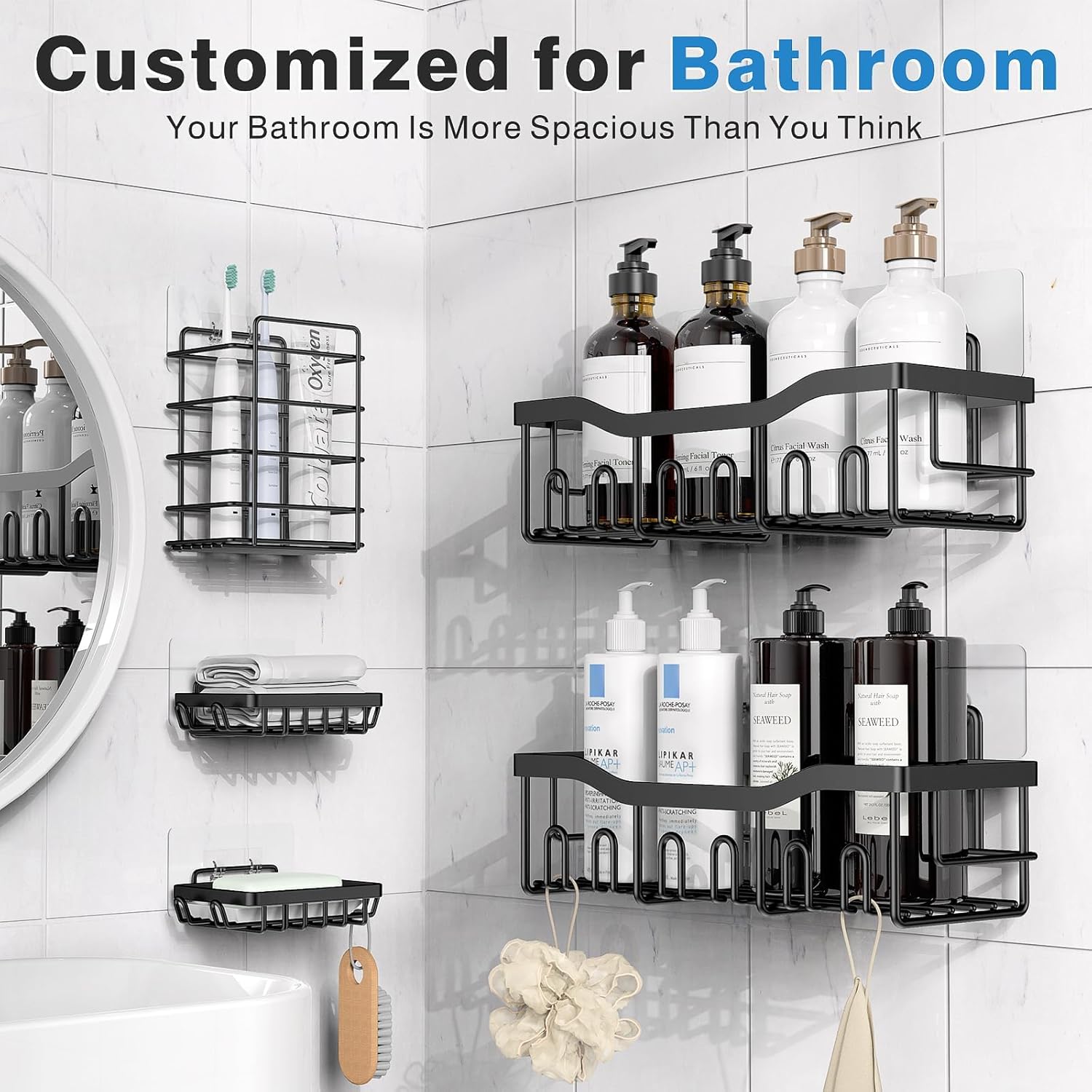 Rustproof Stainless Steel 5-Pack Shower Caddy Bathroom Storage Organizer Set – Black - Image 6