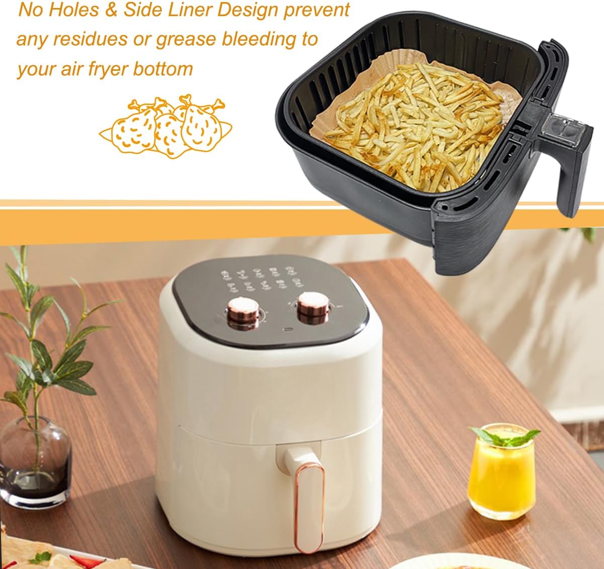 BYKITCHEN Air Fryer Parchment Paper Liners, 50PCS Square Disposable Greaseproof Liners – Unbleached - Image 2