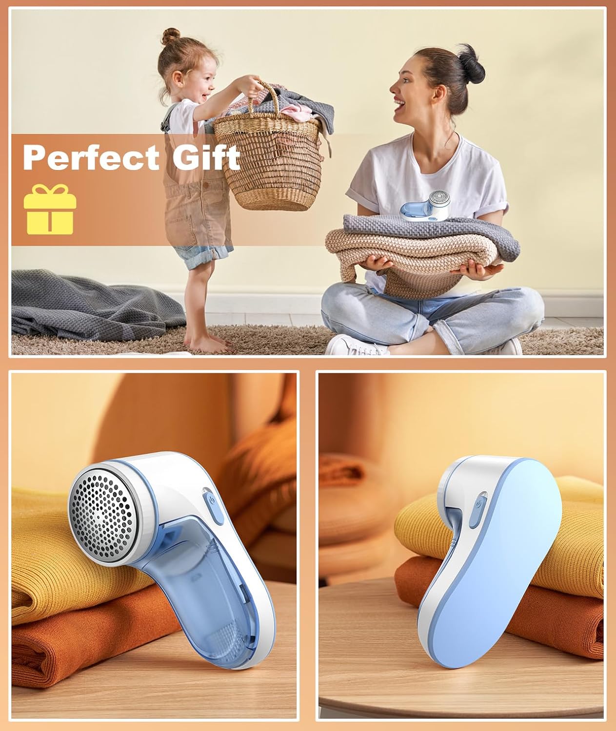 Fabric Shaver & Lint Remover for Clothes with Stainless Steel 3-Leaf Blades – Blue & White - Image 2