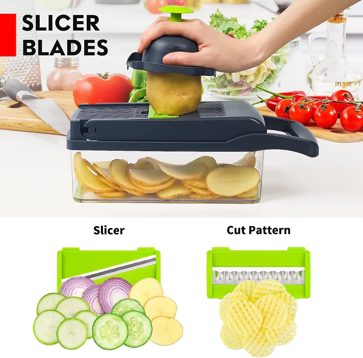 14-in-1 Multifunctional Vegetable Chopper with 8 Stainless Steel Blades, Food Slicer, Dicer & Grater with Container - Image 5