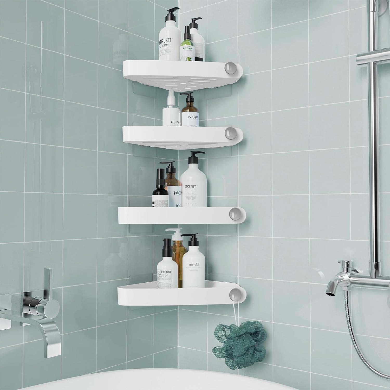 4-Pack Corner Shower Caddy with Adhesive Pads – No Drill Bathroom Storage Organizer (White)