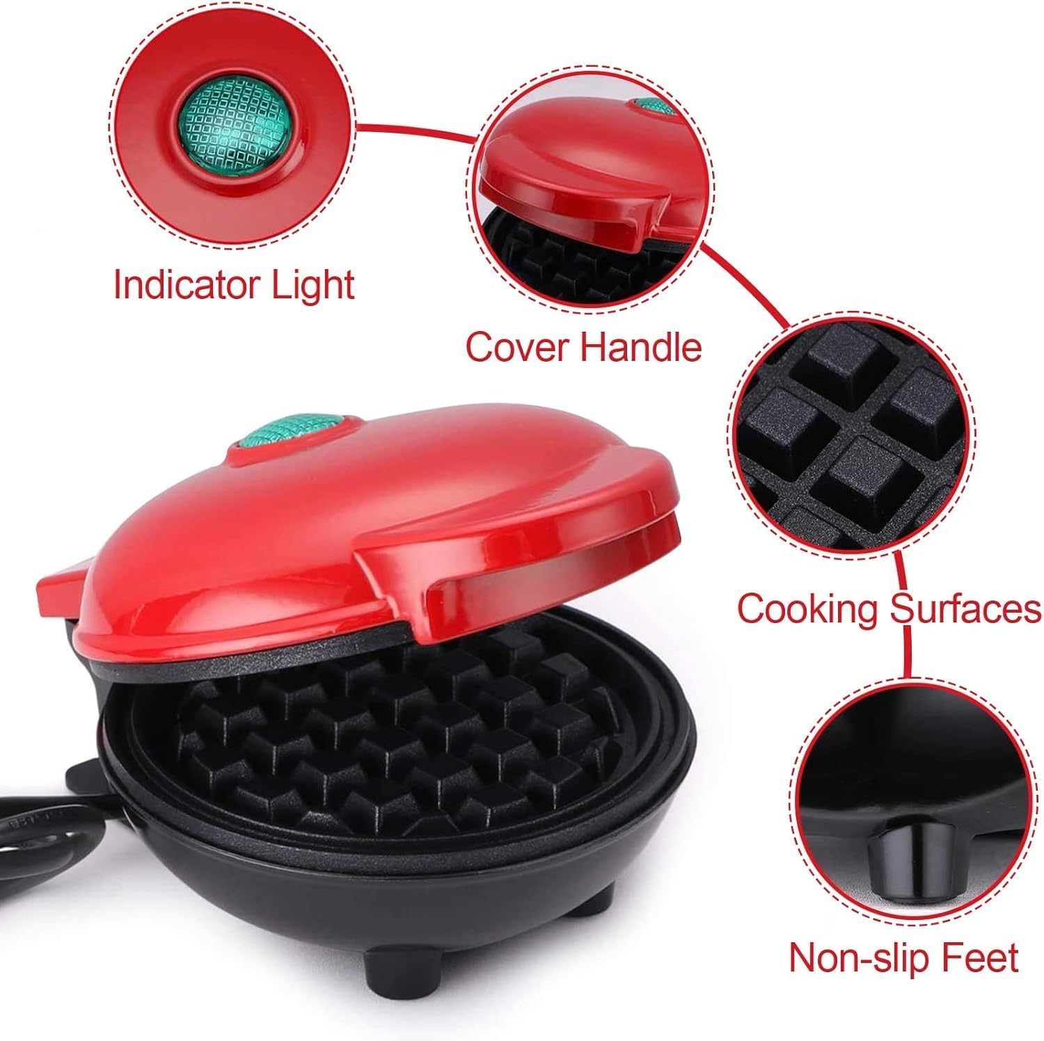 Chef's Choice Mini Waffle Maker – Compact Non-Stick Electric Waffle Iron, Red - Image 8