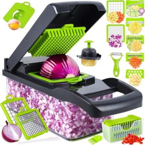 14-in-1 Multifunctional Vegetable Chopper with 8 Stainless Steel Blades, Food Slicer, Dicer & Grater with Container