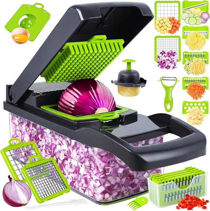 14-in-1 Multifunctional Vegetable Chopper with 8 Stainless Steel Blades, Food Slicer, Dicer & Grater with Container