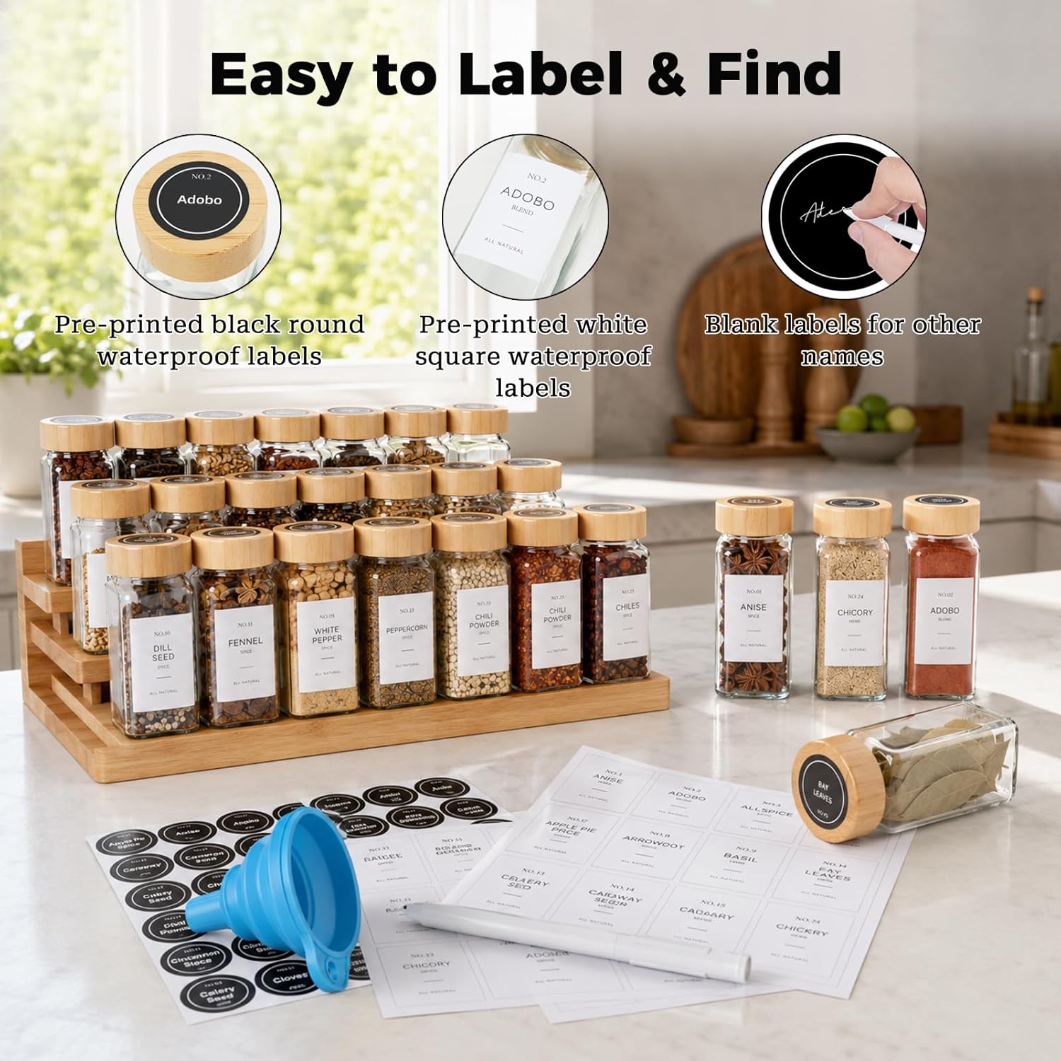 24-Pack 120ml Glass Spice Jars with Bamboo Lids, Labels & Funnel - Image 5