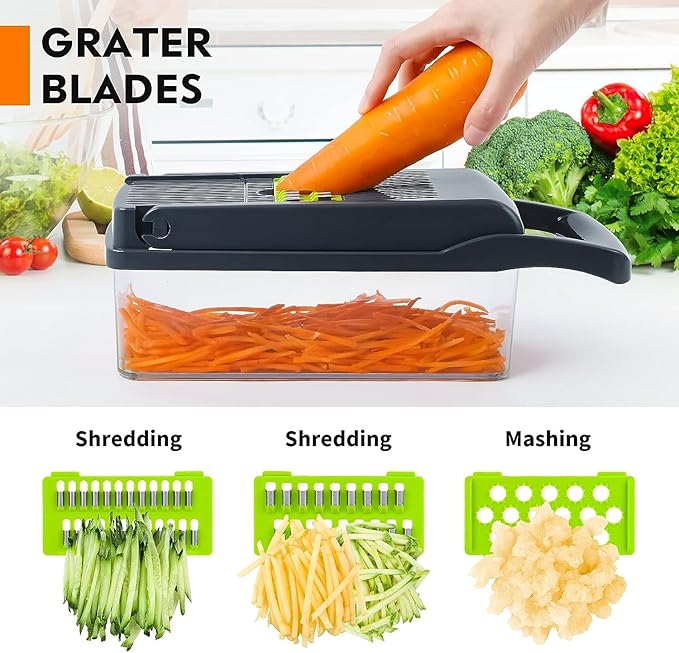 14-in-1 Multifunctional Vegetable Chopper with 8 Stainless Steel Blades, Food Slicer, Dicer & Grater with Container - Image 3