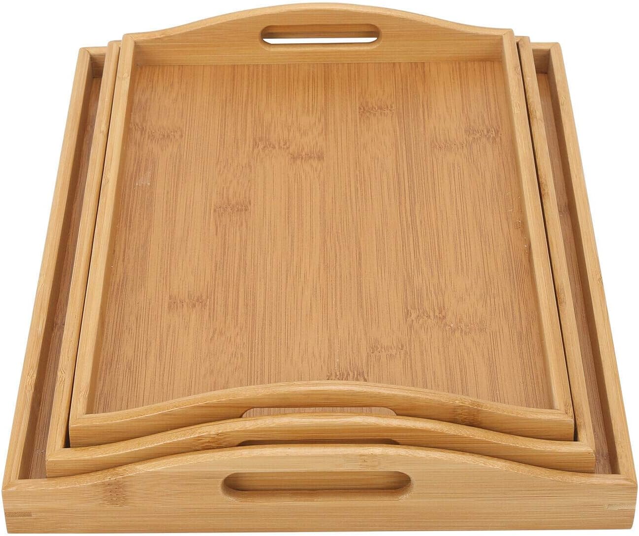 Vencier Bamboo Serving Trays – Set of 3 with Handles & Raised Edges