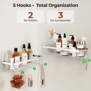 2-Pack Stainless Steel Shower Caddy with 5 Hooks – Adhesive Wall Mounted Bathroom Organizer