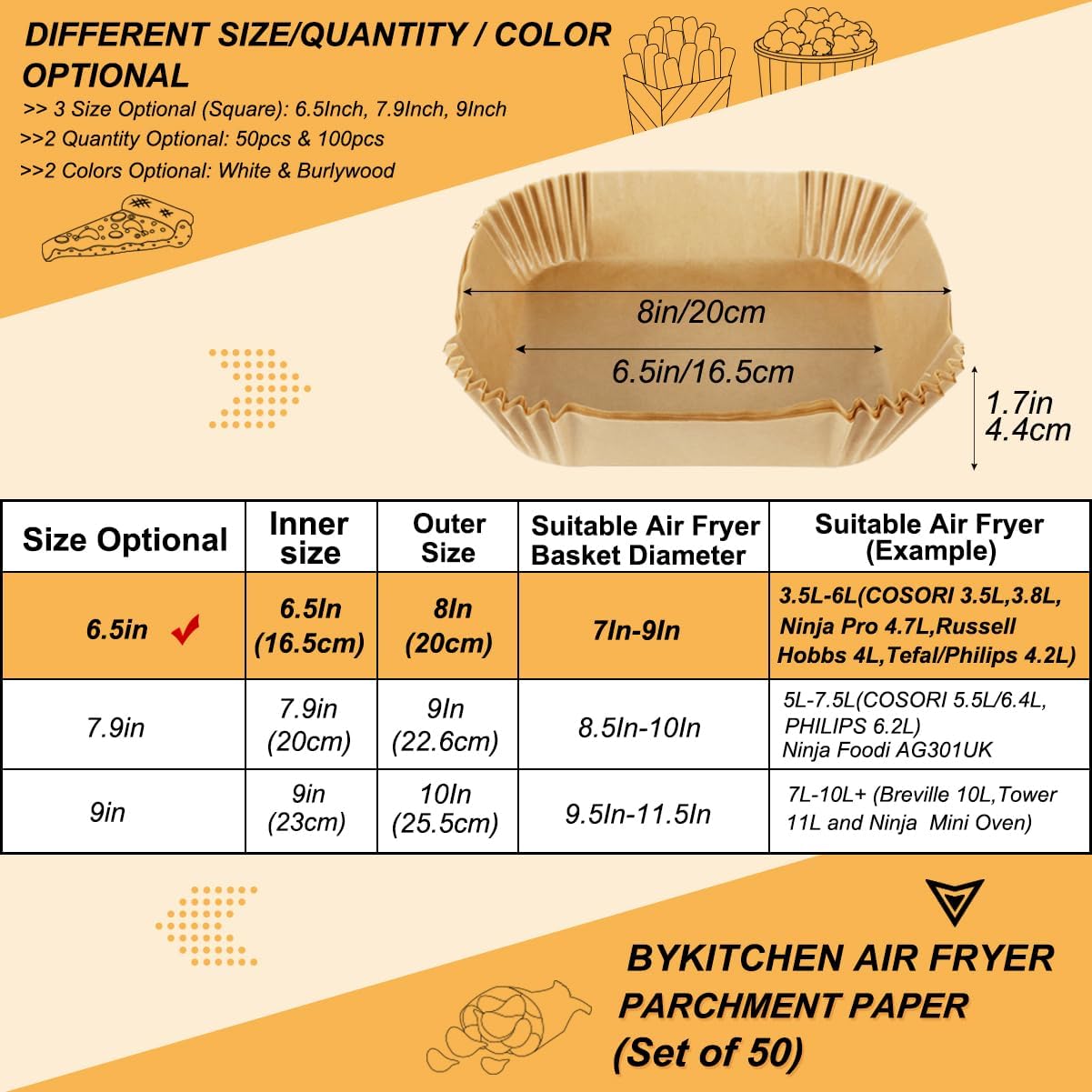 BYKITCHEN Air Fryer Parchment Paper Liners, 50PCS Square Disposable Greaseproof Liners – Unbleached - Image 7